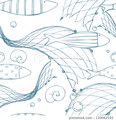 Large sweeping nets, fish and bubbles weaving across pale aqua surf with dynamic arcs. Hand-drawn ink line art illustration. Seamless pattern for beach accessories, tote linings and apparel. 130062593