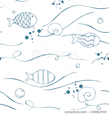 Linear fish, bubbles and flowing currents drawn as delicate outlines on white field. Hand-drawn ink line art illustration. Seamless pattern for eco labels, tags, soap wraps and web backdrops. 130062594