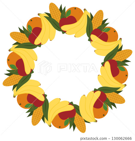 Bunch Banana Corn cob Red Apple and Orange Mixed Fruits Circle Frame Border Copy space Template idea Bunch Banana Corn cob Red Apple and Orange Mixed Fruits Circle Frame Border Copy space Template idea 130062666