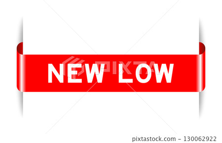 Red color inserted label banner with word new low on white background 130062922