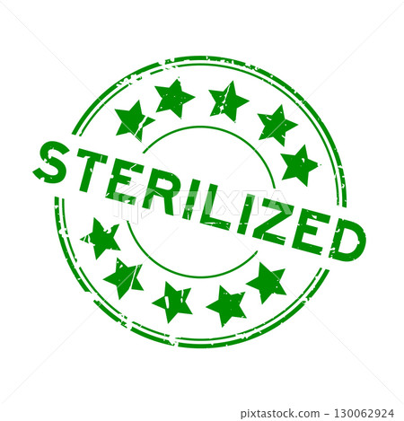 Grunge green sterilized word with star icon round rubber seal stamp on white background Grunge green sterilized word with star icon round rubber seal stamp on white background 130062924