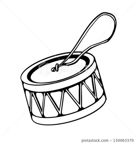 Retro drum, Christmas tree toy. Vintage Christmas decoration. Xmas decor. Vector monochrome outline illustration. Retro drum, Christmas tree toy. Vintage Christmas decoration. Xmas decor. Vector monochrome outline illustration. 130063370