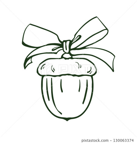 Illustration Retro nut with a bow, glass Christmas tree toy. Vintage Christmas decoration. Xmas decor. Vector monochrome outline illustration on a white background. 130063374