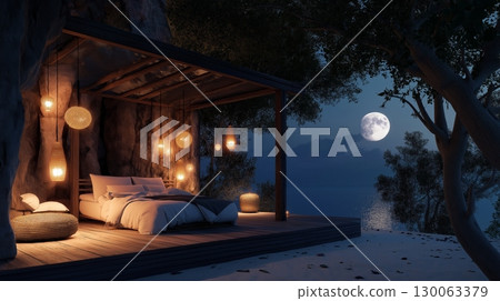 Open air canopy bed on wooden deck at night with full moon and ocean view 130063379