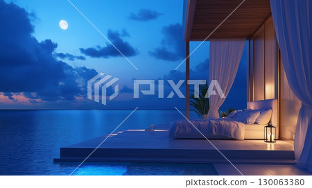 Luxury bedroom with bed on wooden deck at night under full moon 130063380