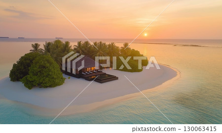 Breathtaking sunset over a tropical beach with a secluded wooden house and lush greenery 130063415
