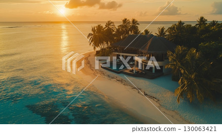 Breathtaking sunset over a tropical beach with a secluded wooden house and lush greenery Breathtaking sunset over a tropical beach with a secluded wooden house and lush greenery 130063421
