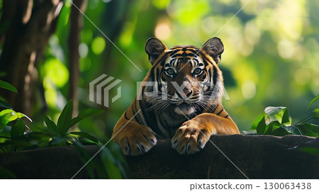 Close up portrait of a powerful tiger in a dense jungle. Wild animal in lush green foliage. 130063438