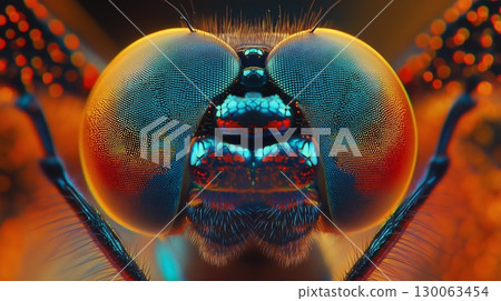 Detailed close-up of a vibrant dragonfly showcasing intricate eye 130063454