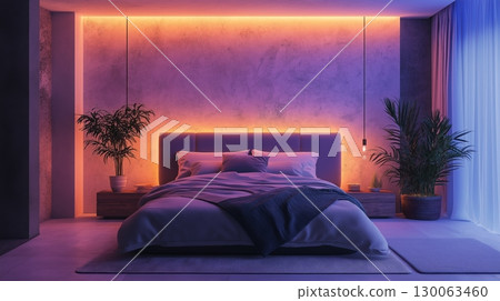 Modern bedroom with vibrant neon lights and window at night 130063460