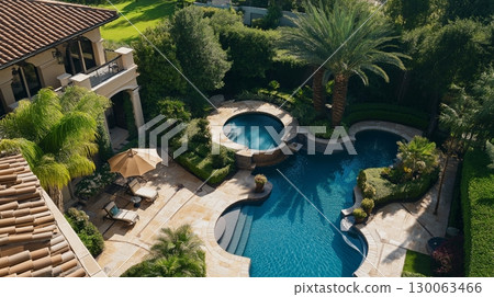 Swimming pool shaped organically sits in a tranquil garden and vibrant plants. 130063466