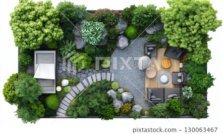 Beautiful tranquil garden with wooden deck, stone paths, and lush greenery 130063467