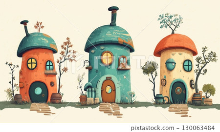 Charming whimsical cottages lined up under a pastel sky in a magical village 130063484