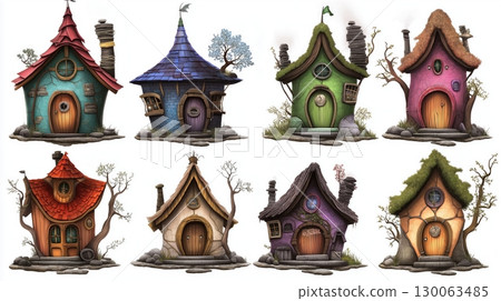 Colorful whimsical cottages in a charming village unique designs and playful architecture 130063485