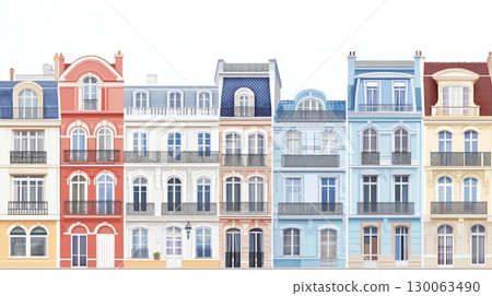 Row of colorful Victorian houses with intricate architectural details along a street 130063490