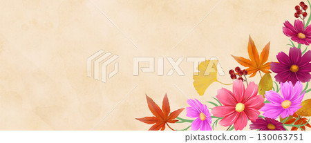Autumn leaves, ginkgo and cosmos, horizontal 130063751