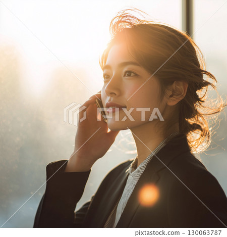 一位女商務人士在夕陽下沐浴時打電話 130063787