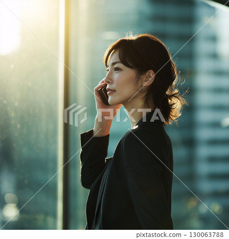 一位女商務人士在夕陽下沐浴時打電話 130063788