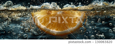 A fresh slice of orange submerged in sparkling water, creating bubbly, refreshing aesthetics in a vibrant setting. 130063820