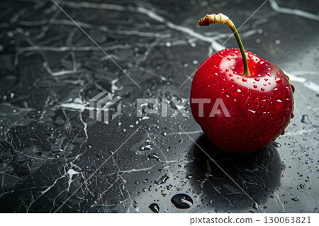 A fresh, glistening red cherry with water droplets on a sleek black marble surface, emphasizing its vibrant color. A fresh, glistening red cherry with water droplets on a sleek black marble surface, emphasizing its vibrant color. 130063821