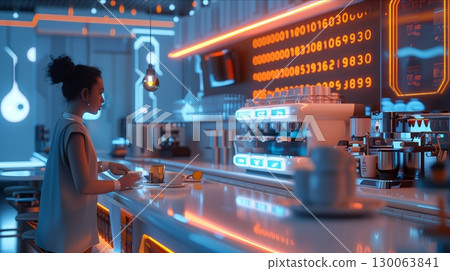 A futuristic bar scene featuring a woman enjoying a drink amidst vibrant neon lights and digital displays. 130063841
