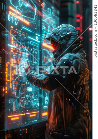 A futuristic individual interacts with a holographic interface, surrounded by digital displays and neon lights. 130063843