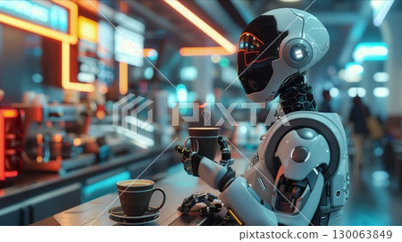 A futuristic robot enjoying coffee in a modern cafe with vibrant neon lighting and advanced equipment. 130063849