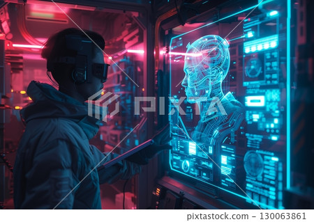 A futuristic scene of a person interacting with a holographic interface in a neon-lit environment. 130063861