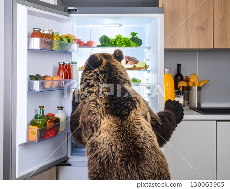 A wild bear opens a kitchen refrigerator and searches for food A wild bear opens a kitchen refrigerator and searches for food 130063905