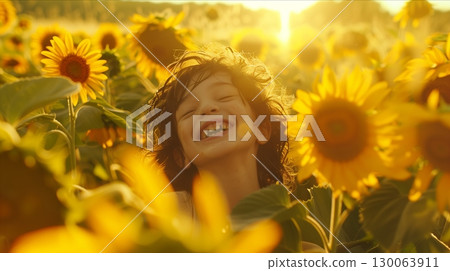 A joyful child smiling in a sunflower field, illuminated by warm sunlight and surrounded by vibrant blooms. 130063911