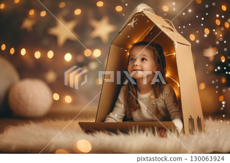 A joyful child inside a cardboard house, surrounded by twinkling lights and fuzzy textures, embodying innocence and wonder. 130063924