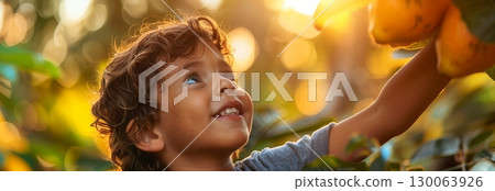 A joyful child picking fruit in a vibrant garden, showcasing the beauty of nature and the innocence of youth. 130063926
