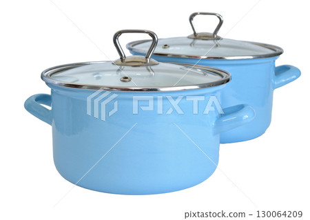 Metal enameled pans of blue color Metal enameled pans of blue color 130064209