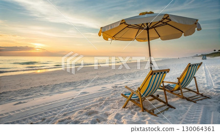 Scenic tropical beach with two colorful striped deck chairs under a large parasol Scenic tropical beach with two colorful striped deck chairs under a large parasol 130064361