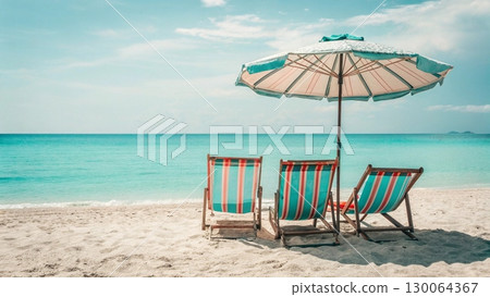 Scenic tropical beach with two colorful striped deck chairs under a large parasol Scenic tropical beach with two colorful striped deck chairs under a large parasol 130064367