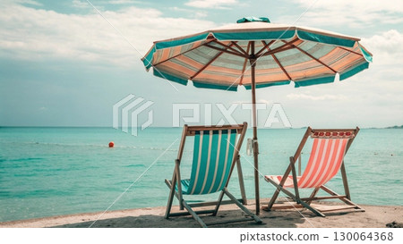 Scenic tropical beach with two colorful striped deck chairs under a large parasol 130064368
