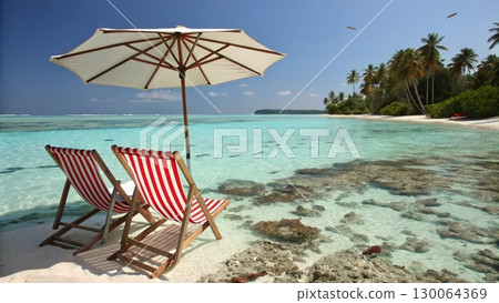Scenic tropical beach with two colorful striped deck chairs under a large parasol 130064369