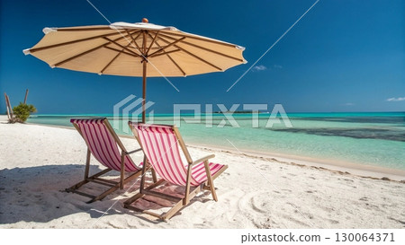 Scenic tropical beach with two colorful striped deck chairs under a large parasol 130064371