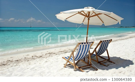Scenic tropical beach with two colorful striped deck chairs under a large parasol Scenic tropical beach with two colorful striped deck chairs under a large parasol 130064380