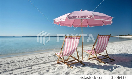 Scenic tropical beach with two colorful striped deck chairs under a large parasol Scenic tropical beach with two colorful striped deck chairs under a large parasol 130064381