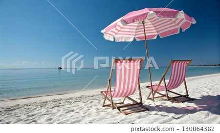 Scenic tropical beach with two colorful striped deck chairs under a large parasol 130064382