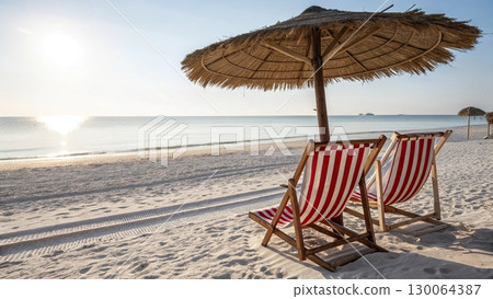 Scenic tropical beach with two colorful striped deck chairs under a large parasol 130064387