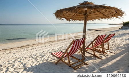 Scenic tropical beach with two colorful striped deck chairs under a large parasol 130064388