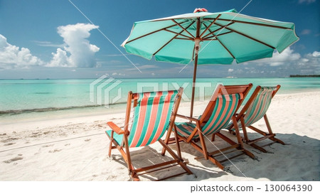Scenic tropical beach with two colorful striped deck chairs under a large parasol Scenic tropical beach with two colorful striped deck chairs under a large parasol 130064390