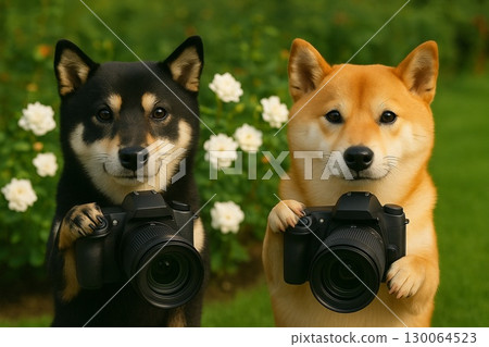 Shiba Inu dogs holding a camera Shiba Inu dogs holding a camera 130064523