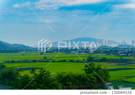 View of the city by the sea.  130064526