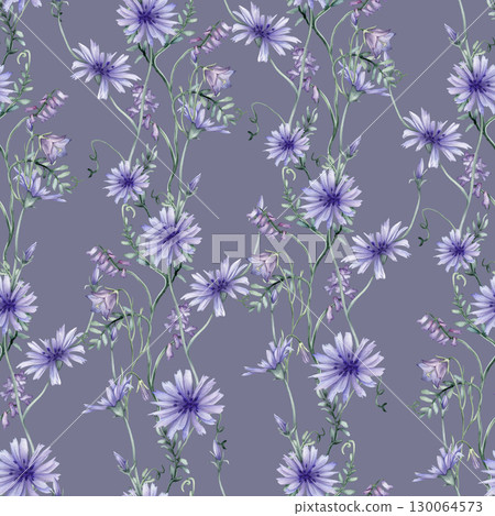 Watercolor seamless pattern background - illustration with green leaves and blue purple chicory Wildfield herbs flowers. Wedding invites, fashion, prints, backgrounds. Mono floral pattern 130064573