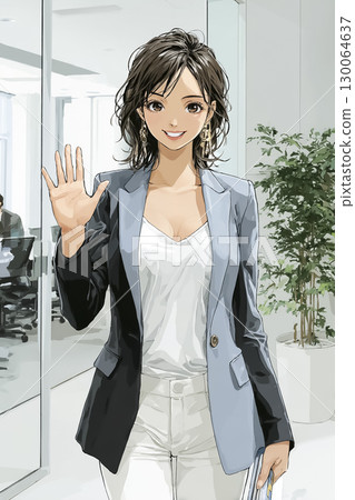 Smiling businesswoman waving, looking at camera 130064637
