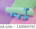 Fitness concept with dumbbells, measuring tape on bright background. Blue dumbbells and yoga mat on gradient surface. 130064742