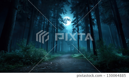 Moonlit Path through a Mysterious Forest 130064885